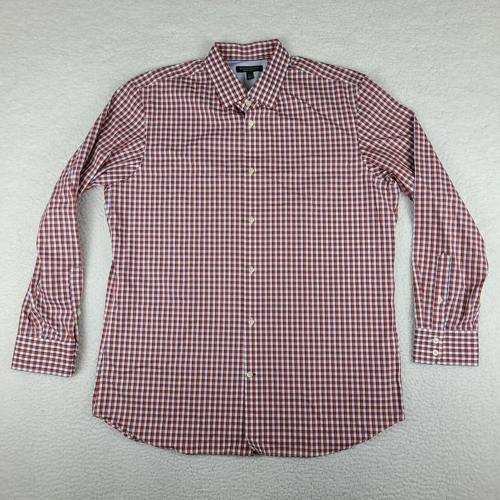 Banana Republic Shirt Mens XL Dark‎ Orange Blue Plaid Non Iron Dress Button Up